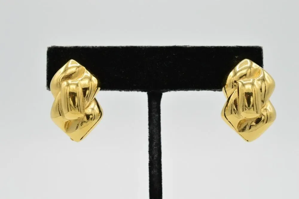 Givenchy Vintage Earrings Clip Shiny Yellow Gold Tone Runway Signed 1980s 9L